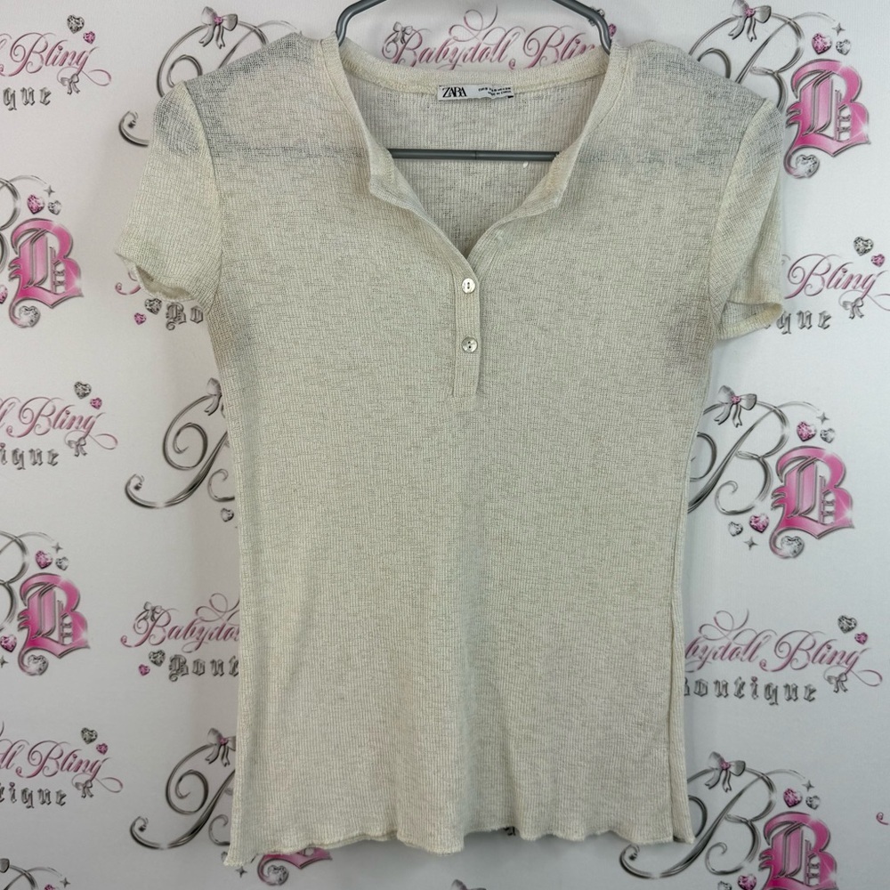 Zara T-shirt buttons knit cream white top shirt Beige Short Sleeve Top